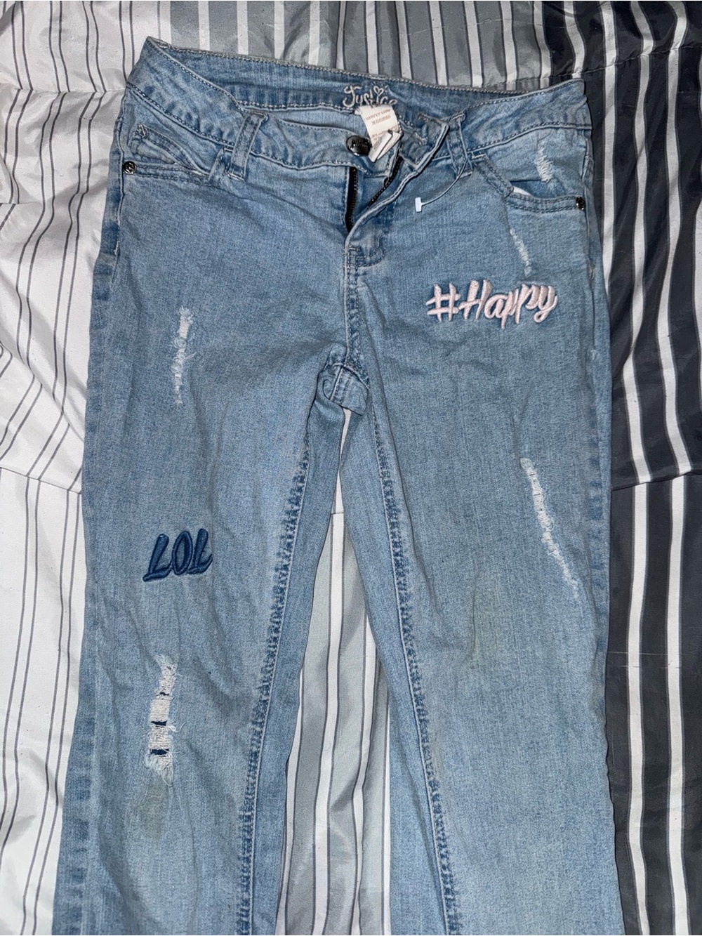 Justice Light Blue Skinny Jeans with Embroidered Accents